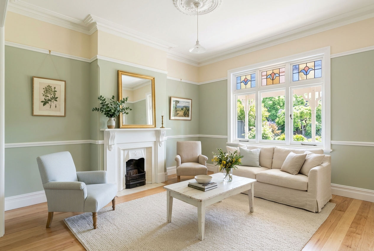 Light, warm sitting room of a new Edwardian / Federation-style home with a timber-mantel fireplace, picture rails and leadlight windows